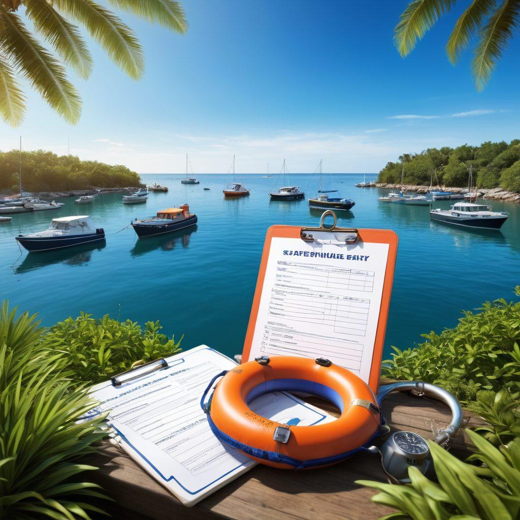 A serene waterfront scene featuring diverse boats anchored gently in calm waters under a clear blue sky. In the foreground, a person in a life jacket holds a clipboard with checklists labeled 'Safety Measures' and 'Insurance Info'. Surrounding them are vibrant nautical elements: life rings, flares, and a compass. The backdrop displays an idyllic marina and lush greenery, symbolizing adventure and safety. super-realistic. vibrant colors. 3D.