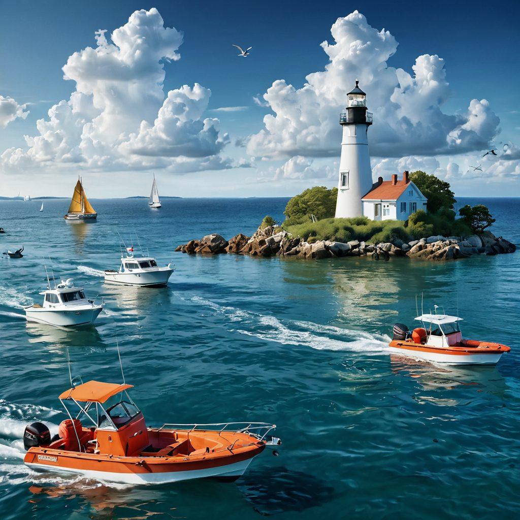 A serene waterscape featuring a variety of boats on tranquil blue waters, with insurance document imagery subtly woven into the water's surface. Include a lighthouse in the background, symbolizing guidance and safety at sea. Overlay graphics of essential marine insurance icons like life jackets and anchors in the foreground. The scene should evoke a sense of security and adventure. super-realistic. vibrant colors. 3D.