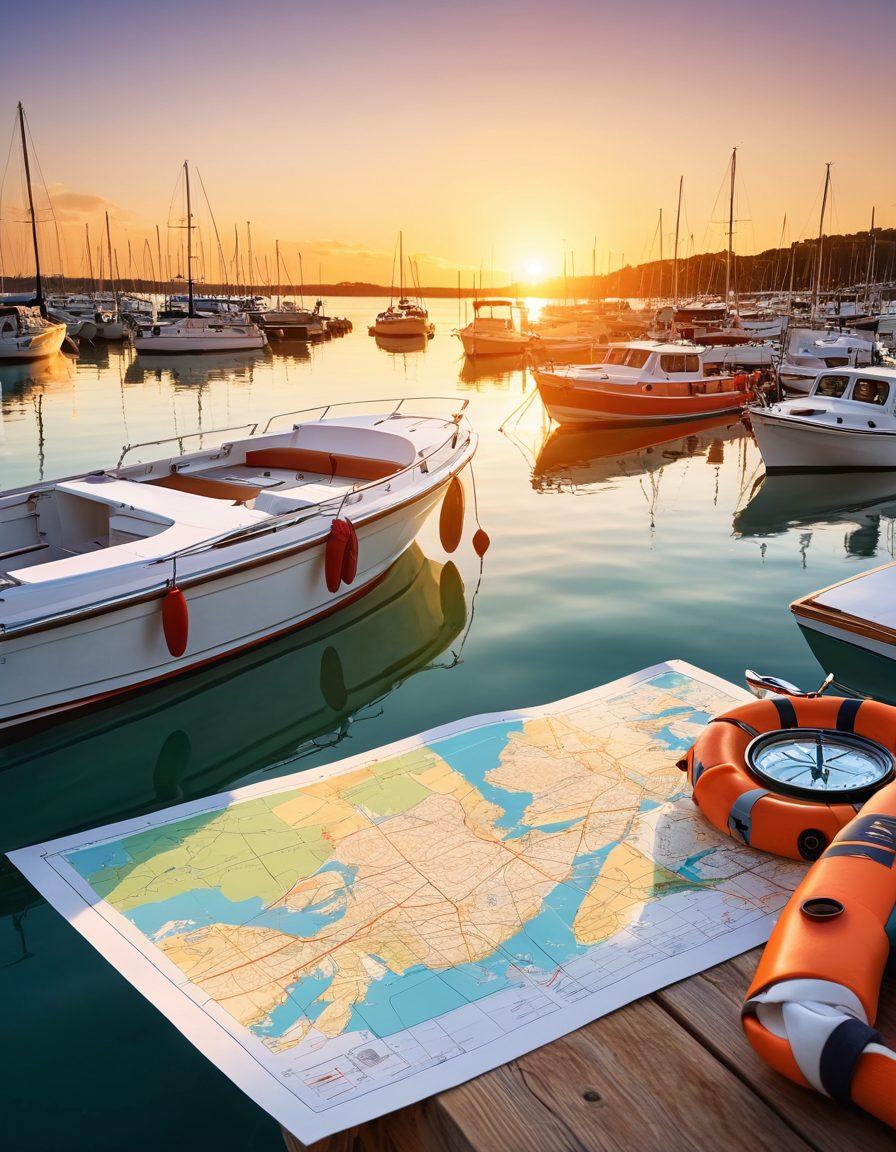 A serene marina scene with various types of boats docked alongside, showcasing different nautical coverage options like insurance papers and life jackets prominently displayed. The background features a tranquil sunset over the water, and a boater examining a map. Include nautical symbols and a compass to emphasize navigation. vibrant colors. super-realistic.